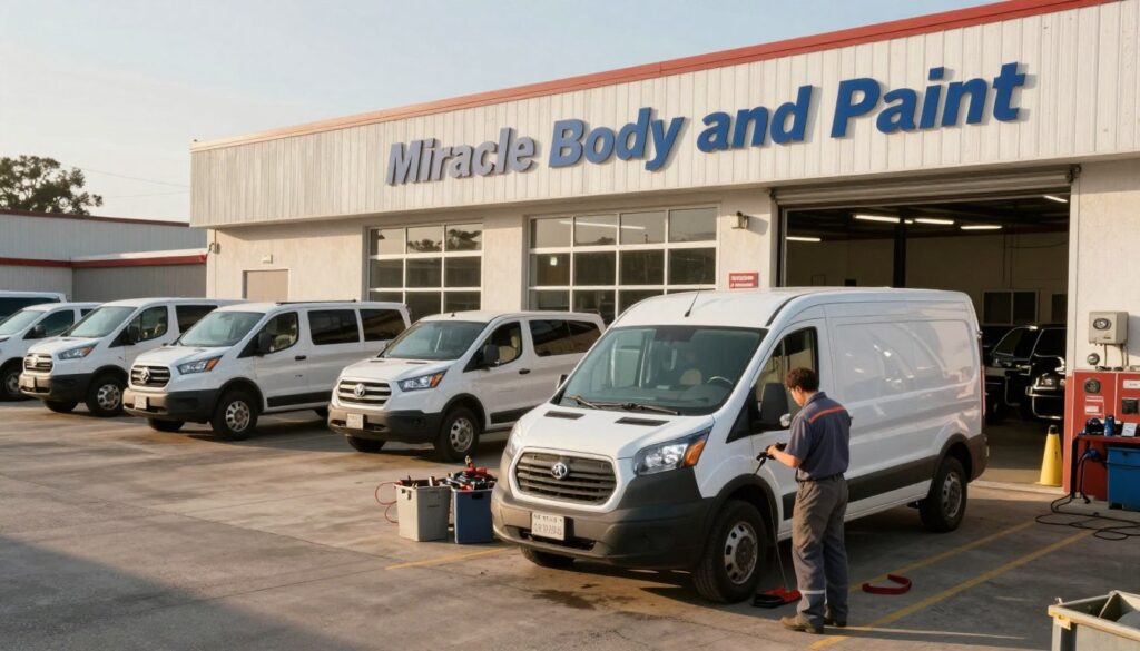 A bustling fleet repair shop named "Miracle Body and Paint" on Walzem Road in San Antonio, Texas. In the foreground, a skilled mechanic in a clean, professional outfit works intently on a sleek delivery van, surrounded by tools and equipment. In the middle ground, various vehicles, including trucks and vans, are parked, showcasing the diverse fleet services offered. The background features a well-maintained workshop building with large windows letting in warm afternoon sunlight, casting gentle shadows. The atmosphere conveys a sense of reliability and professionalism, perfect for fleet repair expertise. The image is bright and inviting, capturing the essence of local business excellence in a community-focused environment. A bustling fleet repair shop named "Miracle Body and Paint" on Walzem Road in San Antonio, Texas. In the foreground, a skilled mechanic in a clean, professional outfit works intently on a sleek delivery van, surrounded by tools and equipment. In the middle ground, various vehicles, including trucks and vans, are parked, showcasing the diverse fleet services offered. The background features a well-maintained workshop building with large windows letting in warm afternoon sunlight, casting gentle shadows. The atmosphere conveys a sense of reliability and professionalism, perfect for fleet repair expertise. The image is bright and inviting, capturing the essence of local business excellence in a community-focused environment.