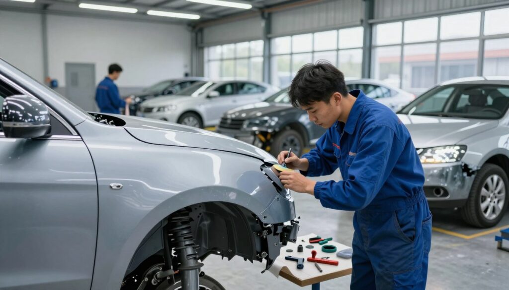 A busy auto repair shop scene depicting the collision repair process. In the foreground, a mechanic in a blue jumpsuit meticulously examines a damaged car's fender under bright LED lights, showcasing the intricate details of the repair work. In the middle ground, several well-organized tools and parts are displayed on a workbench, hinting at the various steps in the repair process like sanding, painting, and parts replacement. The background features a large, open garage with multiple vehicles in different stages of repair, illuminated by natural light streaming through tall windows. The atmosphere is professional yet busy, conveying a sense of expertise and efficiency in the repair process. The image focuses on clarity and detail, emphasizing the transformation of the vehicles.