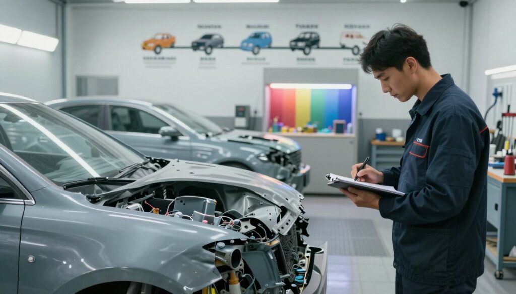 A busy collision repair shop, showcasing the detailed process of vehicle restoration. In the foreground, a technician in a professional business outfit inspects a damaged car, taking notes on a tablet. The middle layer features various workstations with automotive tools, panels being replaced, and a paint booth in action, emitting vibrant colors. The background shows a timeline graphic on the wall illustrating stages of the repair process, such as initial assessment, parts replacement, and final inspection. Soft, natural lighting enhances the scene, creating a focused yet approachable atmosphere. The composition should reflect a sense of professionalism and efficiency within the repair process, emphasizing a modern and well-organized body shop environment.