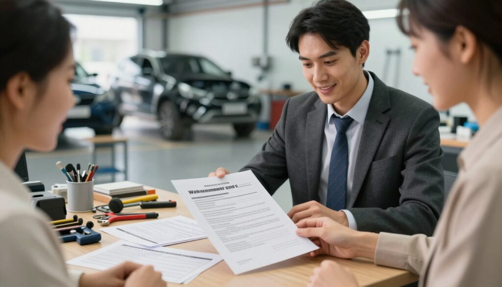 A close-up scene showcasing a well-organized auto body repair shop's office. In the foreground, a professional and confident auto body repair shop manager in smart business attire is reviewing a warranty document with a satisfied customer, demonstrating trust and assurance. The middle ground features a desk cluttered with tools, parts, and warranty pamphlets, highlighting the importance of warranty details. The background shows a clean, well-lit workspace with vehicles undergoing repairs, emphasizing professionalism. Soft, natural light filters through the workshop windows, creating an inviting and trustworthy atmosphere. A warm color palette enhances the sense of reliability and security associated with proper auto body repair warranties.