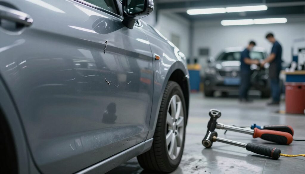 A close-up view of a car door displaying significant body damage, such as multiple shallow dents and creases, glistening under bright overhead fluorescent lighting. In the foreground, the damaged area is highlighted with contrasting shadows to emphasize the imperfections. In the middle ground, a set of traditional dent repair tools, like a slide hammer and a hand-held dent pulling tool, are neatly arranged, symbolizing the repair process. The background features a clean auto repair shop setting, with blurred outlines of professional mechanics working on vehicles to convey an industrious atmosphere. The overall mood is serious and focused, illustrating the technical nature of traditional dent repair techniques while avoiding distractions and maintaining professionalism.