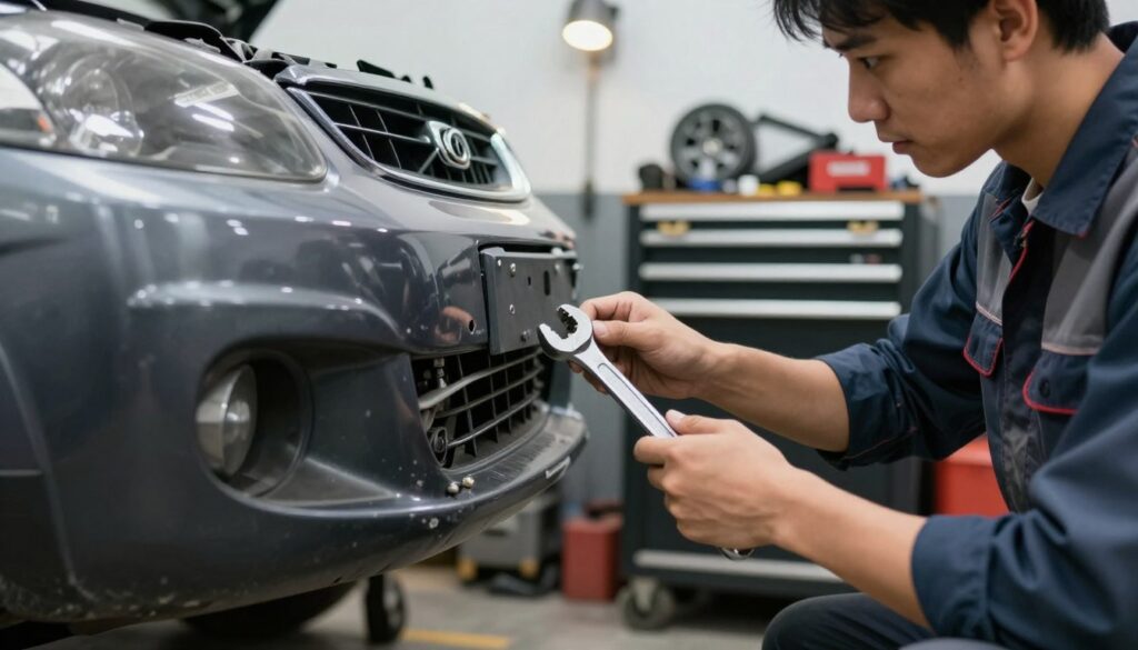A close-up view of a mechanic inspecting a damaged car in an auto repair shop. In the foreground, the mechanic, dressed in a professional uniform with a wrench in hand, examines a dented bumper carefully. The middle ground features various tools and equipment on a workbench, hinting at the complexity of the repair process. In the background, there are car parts and a large toolbox, with a soft overhead light illuminating the scene, creating a focused atmosphere of diligence and professionalism. The image should evoke a sense of urgency and importance, highlighting the critical nature of follow-up inspections after an accident. Use a slightly angled perspective to emphasize the depth of the workshop environment while maintaining clarity on the mechanic's actions.