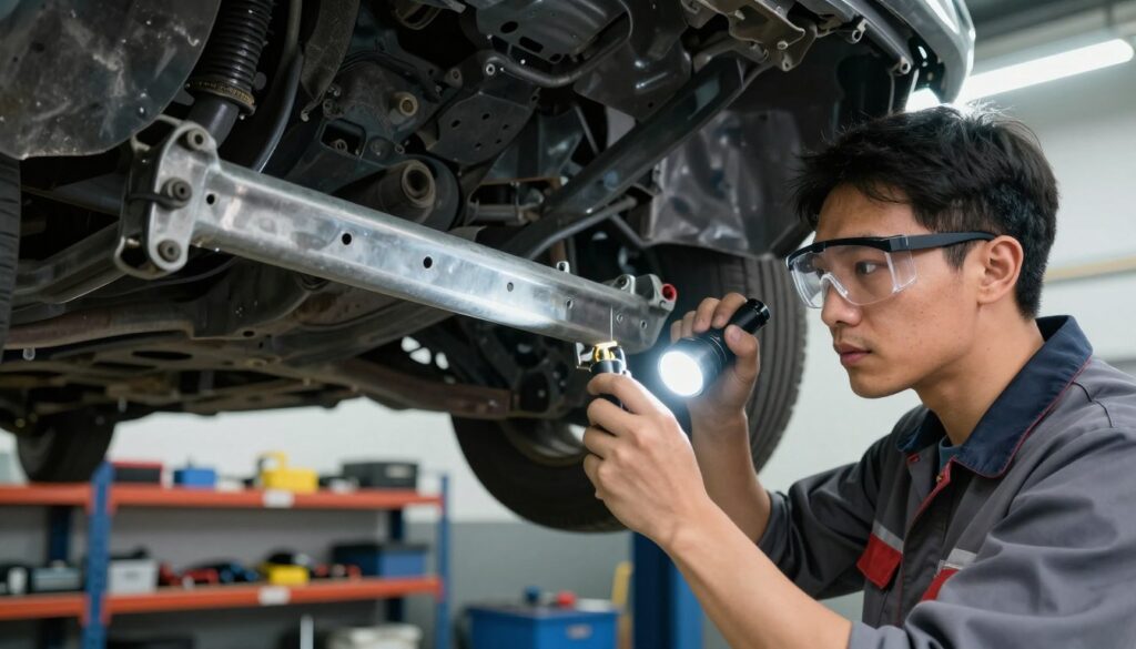 A close-up view of a skilled mechanic inspecting the frame of a vehicle in a garage setting. In the foreground, the mechanic, wearing a professional work shirt and safety goggles, is carefully examining the vehicle's undercarriage with a flashlight. The middle layer showcases the vehicle's slightly damaged frame, highlighting subtle bends and misalignments. The background features tools and equipment organized on shelves, with soft fluorescent lighting illuminating the workspace, creating a focused and professional atmosphere. The angle captures the mechanic in action, emphasizing the importance of thorough inspections for detecting hidden frame damage post-collision. The mood is serious yet constructive, reflecting the vital role of professional expertise in auto repairs. A close-up view of a skilled mechanic inspecting the frame of a vehicle in a garage setting. In the foreground, the mechanic, wearing a professional work shirt and safety goggles, is carefully examining the vehicle's undercarriage with a flashlight. The middle layer showcases the vehicle's slightly damaged frame, highlighting subtle bends and misalignments. The background features tools and equipment organized on shelves, with soft fluorescent lighting illuminating the workspace, creating a focused and professional atmosphere. The angle captures the mechanic in action, emphasizing the importance of thorough inspections for detecting hidden frame damage post-collision. The mood is serious yet constructive, reflecting the vital role of professional expertise in auto repairs.