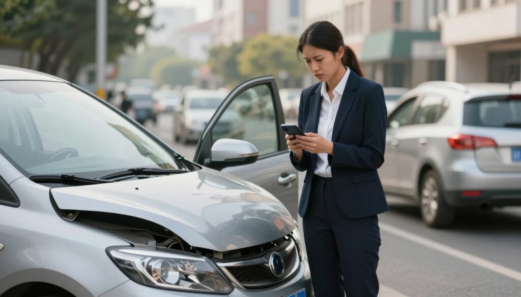 A concerned driver in a smart, professional outfit stands beside a damaged car on a city street, holding a smartphone with a worried expression. In the foreground, the wrecked vehicle is slightly turned, displaying visible scratches and a shattered taillight. In the middle, the driver is positioned near the open car door, emphasizing the sense of urgency and anxiety. The background features blurred city buildings and traffic, creating a sense of realism and daily life. Soft, natural daylight filters through, casting gentle shadows that add depth to the scene. The atmosphere is tense yet professional, highlighting the importance of promptly notifying an insurance provider after an accident.
