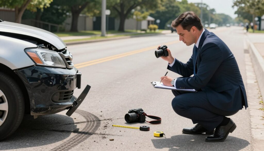 A detailed accident scene being documented on a sunny day near Walzem Road in San Antonio. In the foreground, a professional investigator wears smart business attire, crouched beside a damaged vehicle, taking notes on a clipboard and capturing photos. A clear view of the vehicle's bumper and surroundings, with visible tire marks on the pavement. In the middle ground, the investigator's equipment, including a camera and measuring tape, lies neatly organized. The background features a blurred view of the roadway and trees lining the area, creating an atmosphere of calm analysis amidst the chaotic situation. The lighting is bright and clear, capturing the details of the scene, with a shallow depth of field emphasizing the investigator's focused work.