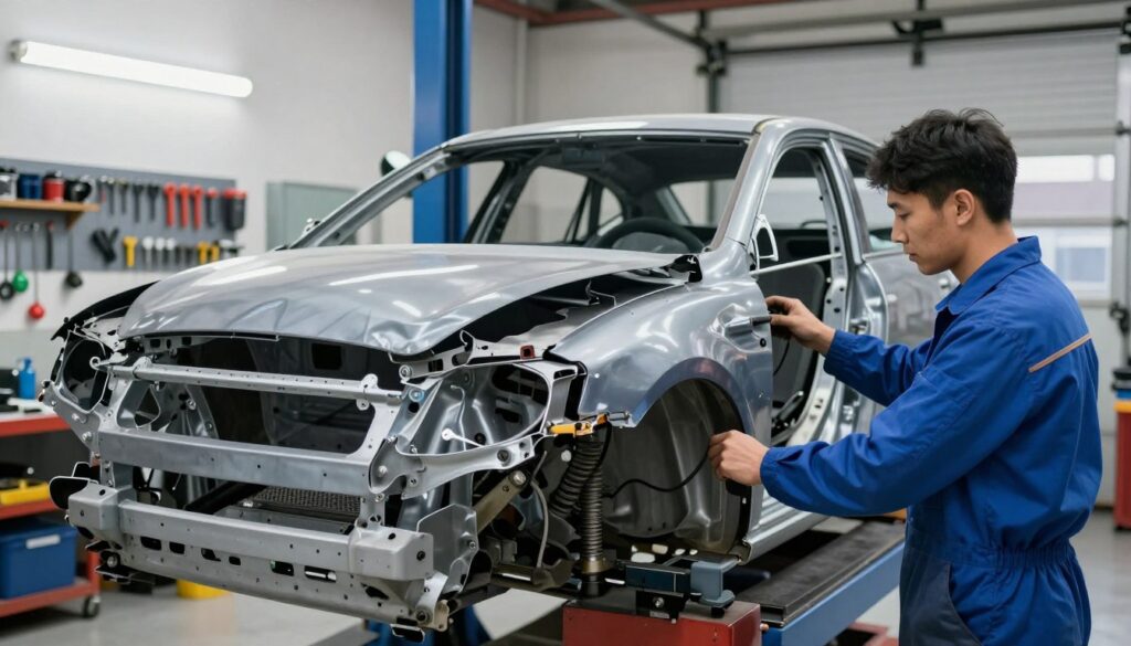 A detailed view of a vehicle undergoing frame straightening in an auto repair shop. In the foreground, a professional technician in a blue jumpsuit uses a hydraulic frame straightening machine, focusing on the damaged frame of a sedan with a slightly crumpled front end. The middle section showcases the workshop environment, featuring tools neatly organized on the walls and a bright overhead light illuminating the scene. In the background, various auto parts and a large garage door can be seen. The image captures a sense of diligence and technical expertise, emphasizing the meticulous nature of the frame repair process. The lighting is bright, highlighting the technician's focused expression, with a shallow depth of field to draw attention to the frame straightening activity. A detailed view of a vehicle undergoing frame straightening in an auto repair shop. In the foreground, a professional technician in a blue jumpsuit uses a hydraulic frame straightening machine, focusing on the damaged frame of a sedan with a slightly crumpled front end. The middle section showcases the workshop environment, featuring tools neatly organized on the walls and a bright overhead light illuminating the scene. In the background, various auto parts and a large garage door can be seen. The image captures a sense of diligence and technical expertise, emphasizing the meticulous nature of the frame repair process. The lighting is bright, highlighting the technician's focused expression, with a shallow depth of field to draw attention to the frame straightening activity.