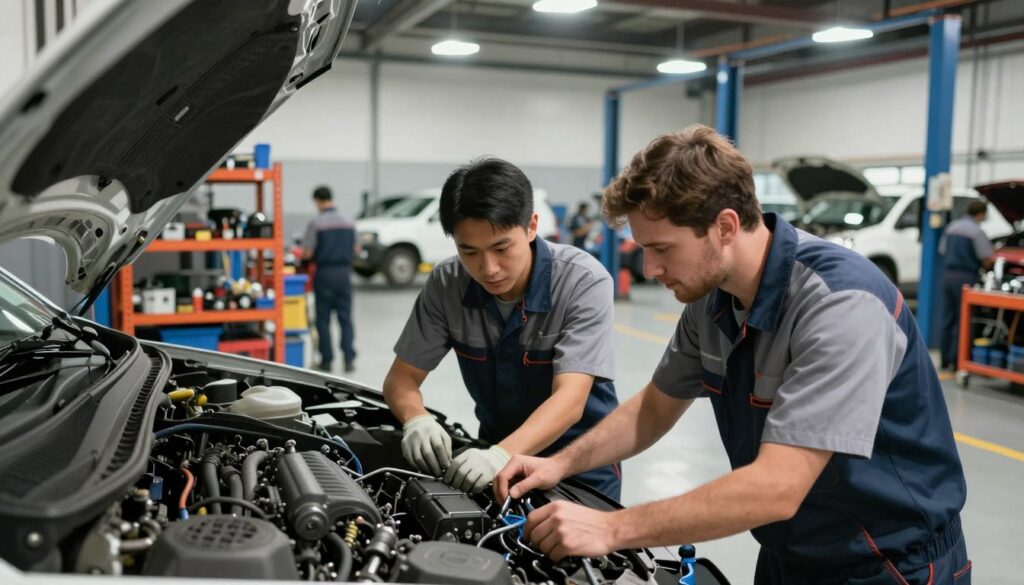 A group of skilled fleet technicians working diligently in a well-lit, organized automotive repair shop. In the foreground, two technicians, one of Asian descent and one of Caucasian descent, are examining the engine of a fleet vehicle, showcasing their focused expressions and teamwork. In the middle ground, shelves filled with tools and equipment are visible, highlighting the professionalism of the workshop. The background features a large service bay with several vehicles under repair, illuminated by bright overhead lights, creating a clean and industrious atmosphere. The scene captures the essence of expertise and collaboration, with warm yet efficient lighting enhancing the sense of a busy, thriving environment. The angle is slightly above eye level, providing a comprehensive view of the technicians in action while maintaining an air of professionalism and competence. A group of skilled fleet technicians working diligently in a well-lit, organized automotive repair shop. In the foreground, two technicians, one of Asian descent and one of Caucasian descent, are examining the engine of a fleet vehicle, showcasing their focused expressions and teamwork. In the middle ground, shelves filled with tools and equipment are visible, highlighting the professionalism of the workshop. The background features a large service bay with several vehicles under repair, illuminated by bright overhead lights, creating a clean and industrious atmosphere. The scene captures the essence of expertise and collaboration, with warm yet efficient lighting enhancing the sense of a busy, thriving environment. The angle is slightly above eye level, providing a comprehensive view of the technicians in action while maintaining an air of professionalism and competence.