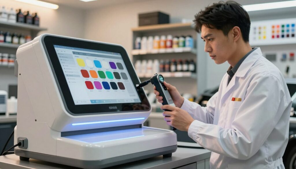 A high-tech auto repair shop featuring advanced color matching technology, with a paint matching machine prominently positioned in the foreground. The machine displays a sleek interface showcasing a variety of colorful paint options, illuminated by soft, cool LED lighting that reflects off its polished surface. In the middle ground, a skilled technician in a clean, professional uniform is using a color spectrometer to analyze a car's paint, with a focused and determined expression. The background reveals shelves stocked with paint supplies and color swatches, creating a bustling yet organized atmosphere. The setting has a warm, inviting glow, suggesting a professional and modern environment, perfect for precision work in auto repair and paint matching. The camera angle captures the scene from a low perspective, emphasizing the detail in the technology and the attention to quality service. A high-tech auto repair shop featuring advanced color matching technology, with a paint matching machine prominently positioned in the foreground. The machine displays a sleek interface showcasing a variety of colorful paint options, illuminated by soft, cool LED lighting that reflects off its polished surface. In the middle ground, a skilled technician in a clean, professional uniform is using a color spectrometer to analyze a car's paint, with a focused and determined expression. The background reveals shelves stocked with paint supplies and color swatches, creating a bustling yet organized atmosphere. The setting has a warm, inviting glow, suggesting a professional and modern environment, perfect for precision work in auto repair and paint matching. The camera angle captures the scene from a low perspective, emphasizing the detail in the technology and the attention to quality service.