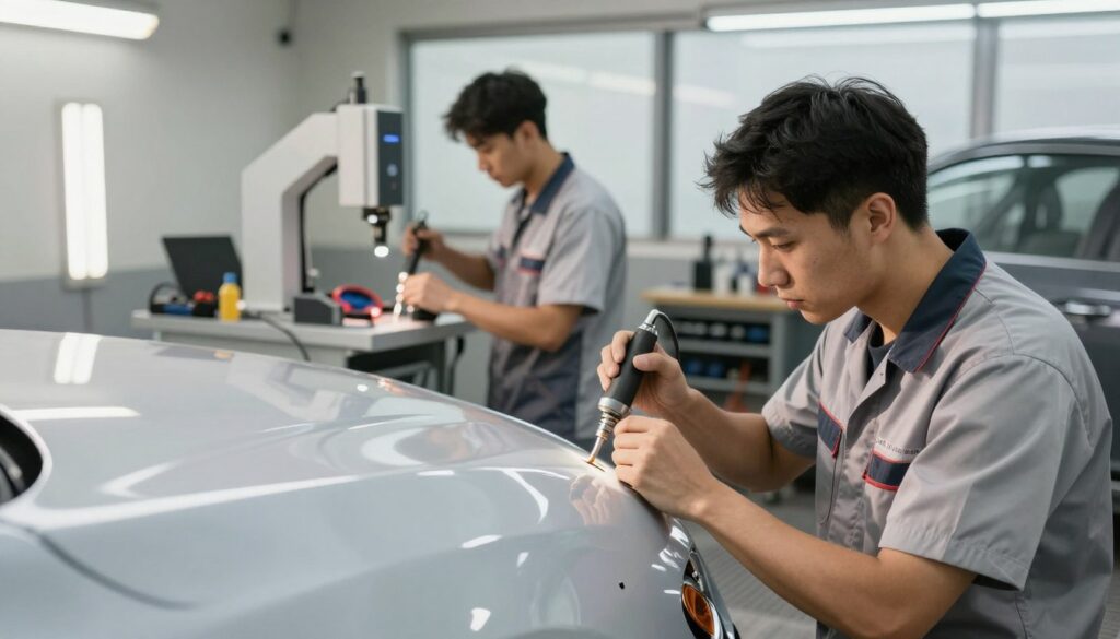 A modern auto body repair shop filled with expert technicians engaged in advanced repair workmanship. In the foreground, a technician in a clean, professional uniform is meticulously inspecting a vehicle panel under bright LED lights, showcasing their precision and focus. In the middle ground, another technician skillfully operates a high-tech tool for dent removal, demonstrating advanced techniques. The background features organized workstations with various tools and equipment, reflecting a state-of-the-art environment. Soft natural light filters in through large windows, creating a warm and inviting atmosphere. The overall mood combines professionalism and expertise, emphasizing the importance of quality auto body repairs. The angle is slightly elevated, providing a comprehensive view of the technicians at work, without any distractions or text.