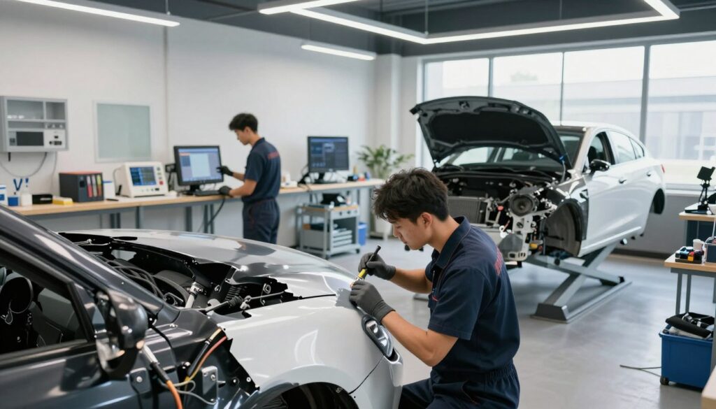 A modern auto body repair shop interior, showcasing skilled technicians in professional business attire working on a vehicle collision repair. In the foreground, a technician is carefully applying touch-up paint to a dented panel, surrounded by high-quality tools and equipment. In the middle, another technician inspects a vehicle on a lift for structural damage, with state-of-the-art diagnostic tools nearby. The background features a clean and organized workshop with well-lit workstations and large windows allowing natural light to flood in, creating an inviting atmosphere. The overall mood is diligent and professional, highlighting the commitment to quality workmanship in collision repair and comprehensive auto body services. Use a wide-angle lens view to capture the bustling activity and modernity of the space.