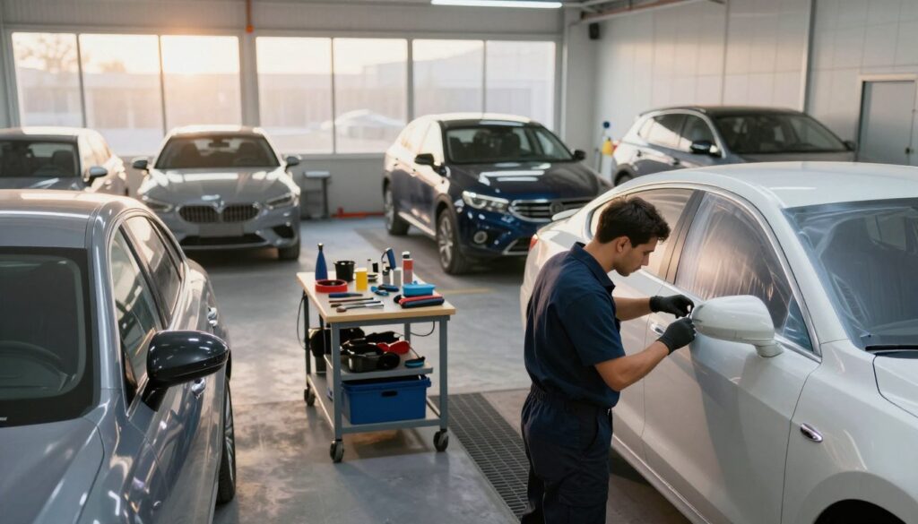 A modern auto body shop interior, showcasing specialty collision repair services. In the foreground, a technician in professional attire is carefully inspecting a high-end vehicle, focusing on intricate bodywork details. In the middle ground, various tools and equipment are neatly organized on a workbench, emphasizing a clean and organized workspace. The background features large windows letting in warm, soft natural light that illuminates the space, creating a welcoming atmosphere. The shop is filled with polished vehicles in various states of repair, showcasing a wide range of services. The overall mood is professional, highlighting expertise and attention to detail in auto body repair. Capture this scene from a slightly elevated angle to provide depth and perspective. A modern auto body shop interior, showcasing specialty collision repair services. In the foreground, a technician in professional attire is carefully inspecting a high-end vehicle, focusing on intricate bodywork details. In the middle ground, various tools and equipment are neatly organized on a workbench, emphasizing a clean and organized workspace. The background features large windows letting in warm, soft natural light that illuminates the space, creating a welcoming atmosphere. The shop is filled with polished vehicles in various states of repair, showcasing a wide range of services. The overall mood is professional, highlighting expertise and attention to detail in auto body repair. Capture this scene from a slightly elevated angle to provide depth and perspective.