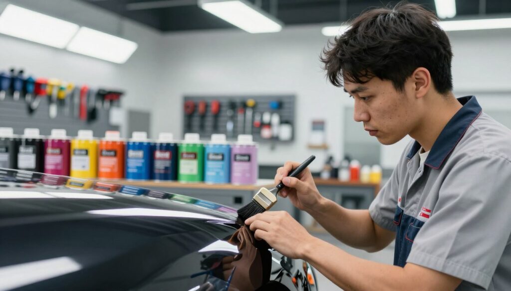 A modern auto paint repair shop in San Antonio, showcasing a clean and well-organized workspace. In the foreground, a professional technician wearing a clean work uniform carefully applies touch-up paint to a vehicle with a brush, focusing intently on a small scratch. The middle ground features a variety of automotive paint cans, each labeled with vibrant colors, reflecting the professionalism of the shop. The background includes bright workshop lights illuminating the space, with tools neatly arranged on a wall-mounted panel, creating a sense of order and efficiency. The mood is inviting and meticulous, highlighting the importance of quality workmanship. The image captures a dynamic angle, emphasizing both the technician's dedication and the vibrant environment of the auto repair shop, fostering trust and professionalism.