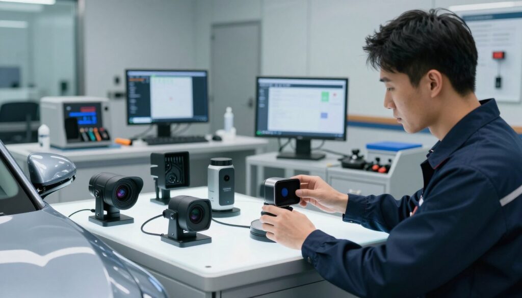 A modern automotive workshop showcasing the calibration of common Advanced Driver-Assistance Systems (ADAS) sensors. In the foreground, a skilled technician in a professional workshop uniform is adjusting a radar sensor on a sleek, contemporary vehicle. The middle ground features a variety of ADAS sensors, such as cameras and LIDAR, arranged neatly on a table, illuminated by bright, artificial lighting. In the background, there are diagnostic screens displaying calibration data, along with tools and equipment strategically placed around the room. The atmosphere is focused and professional, with a sense of precision and safety, emphasizing the importance of proper calibration for road safety. The image should capture a clear, detailed view, with a slight depth of field to draw attention to the technician and the sensors in action.