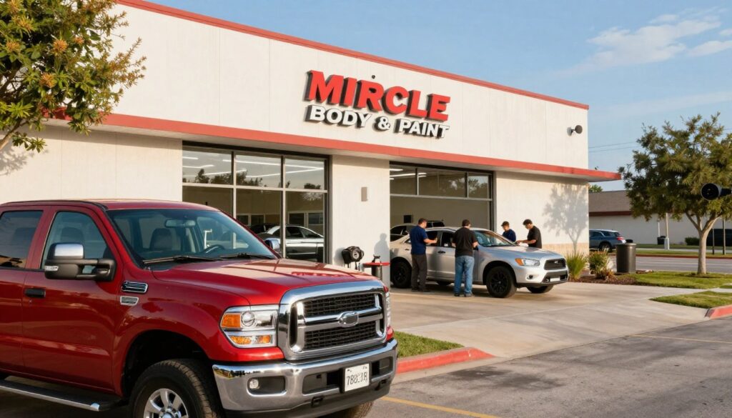 A modern body shop exterior of Miracle Body and Paint, located at 4650 Walzem Rd, San Antonio, TX 78218, showcases a clean, professional environment. In the foreground, a polished truck with a vibrant finish is parked outside, reflecting the bright sunlight, highlighting its sleek design. In the middle ground, technicians in professional attire are engaged in detailed work on a car, emphasizing craftsmanship and expertise. The backdrop features a freshly painted building with the Miracle Body and Paint logo prominently displayed, surrounded by verdant landscaping and clear blue skies. The scene is bathed in soft, natural lighting, conveying a sense of warmth and local community excellence. The atmosphere is inviting and trustworthy, reflecting the quality service offered at this reputable body shop.