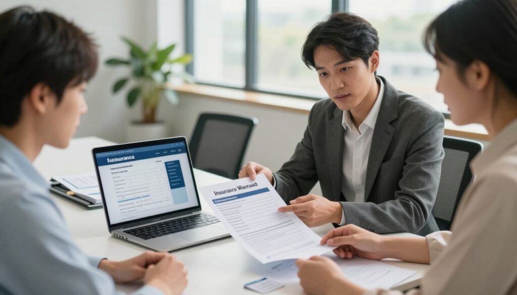 A modern office scene focusing on streamlined insurance and warranty support for auto body repairs. In the foreground, a professional wearing business attire is attentively explaining a warranty document to a client, who appears engaged and interested. The middle section includes a sleek conference table with a laptop displaying an auto body repair estimate, surrounded by insurance brochures and warranty cards. In the background, there is a large window letting in soft, natural light, illuminating the room with a warm, inviting atmosphere. The overall mood is professional and collaborative, emphasizing clarity, trust, and accessibility in the insurance process. The camera angle is slightly elevated, providing a comprehensive view of the interaction. Soft-focus elements add depth to the scene.