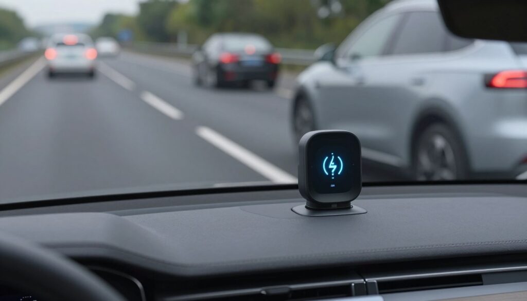 A modern vehicle equipped with advanced driver-assistance systems (ADAS) is shown on a highway, emphasizing the lane departure warning feature. In the foreground, a close-up of the car’s dashboard displays a glowing alert icon indicating lane departure. The middle ground features the car slightly swerving towards the edge of the lane, with clear, visible lane markings on the road surface. In the background, a blurred view of other vehicles and roadside elements adds depth to the scene. Soft, natural lighting highlights the dashboard and creates a sense of realism. The angle of the shot is slightly tilted, capturing the dynamic aspect of driving, while the overall mood conveys a sense of urgency and importance regarding vehicle safety technologies. No people are present in this scene.