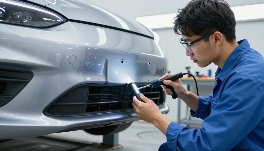 A professional auto body technician demonstrating paintless dent repair on a car bumper, focused on carefully removing a dent with specialized tools. In the foreground, the technician is wearing a clean, modest blue work shirt and safety glasses, ensuring a professional appearance. The middle ground showcases the sleek, polished bumper with an area under attention, highlighting the precise tools and techniques used, such as a dent lifting device and LED lighting to enhance visibility of imperfections. The background features a well-organized workshop, with tools neatly arranged and soft overhead lighting creating a bright, inviting atmosphere. The overall mood conveys expertise and the meticulous care of quality body work.