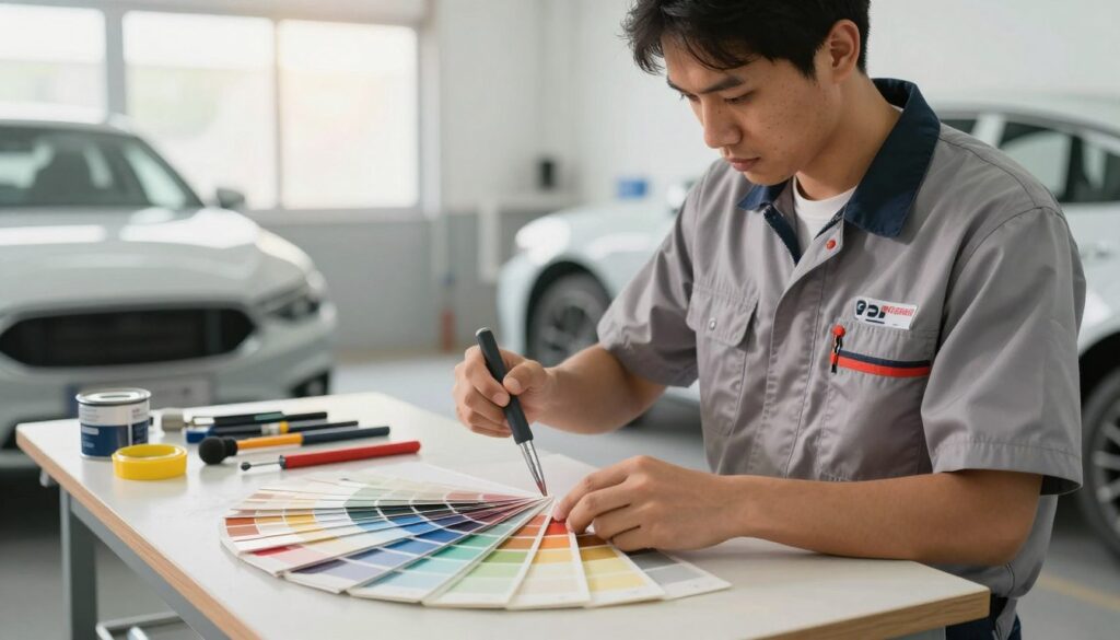 A professional auto technician, dressed in a clean, branded work uniform, is carefully mixing paint in a bright workshop setting. The foreground features a close-up of the technician's hands holding a color matching tool, in the middle ground a swirl of color samples is displayed on a workbench, showcasing a spectrum of auto paint options. The background reveals a well-organized workspace with tools and a partially painted car, showcasing the repair process. Soft, natural light floods the scene through large windows, creating a warm, inviting atmosphere. The camera angle focuses on the technician’s concentration, emphasizing precision and expertise in auto paint repair. The mood conveys professionalism and dedication, highlighting the importance of matching paint to restore a vehicle's original finish.