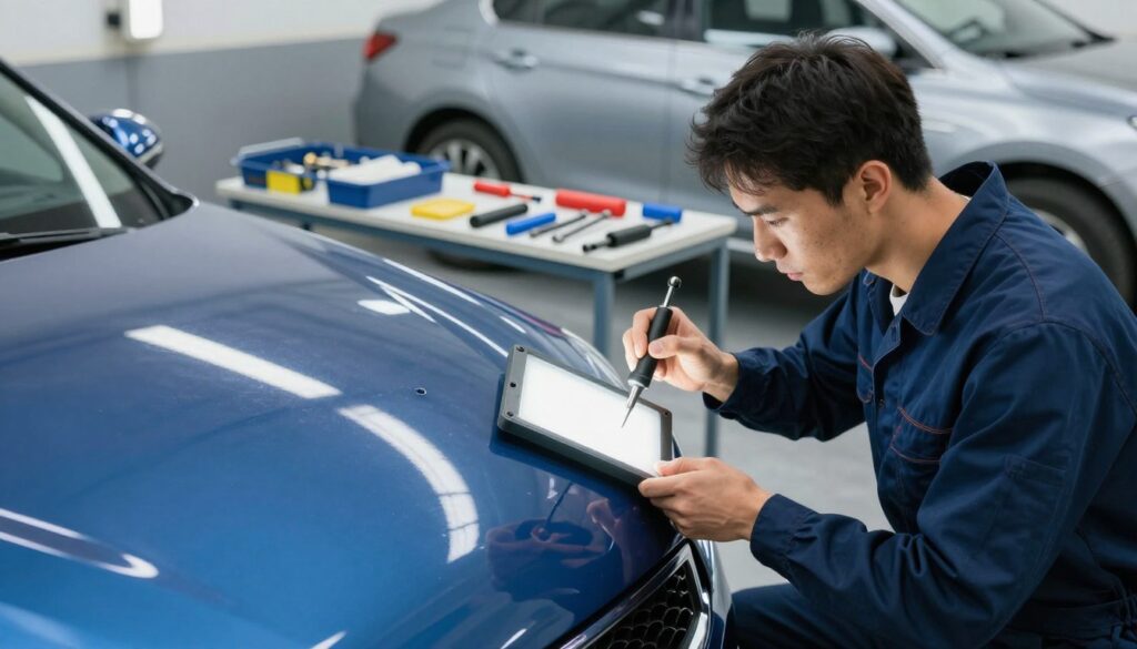 A professional auto technician performing paintless dent repair on a shiny blue car hood. The technician, dressed in a navy blue coverall, diligently examines a small dent using specialized tools, such as a PDR rod and a light board, in the foreground. In the middle ground, a well-lit workshop showcases various repair tools neatly organized on a workbench. The background reveals other vehicles in the process of repair, with soft lighting highlighting the metallic surfaces. The mood is focused and industrious, reflecting an atmosphere of skill and precision in automotive repair. The scene is captured with a slightly low angle to emphasize the technician’s expertise, while maintaining a clean and professional appearance throughout.