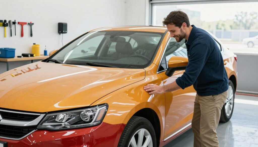 A professional car owner inspecting their vehicle after collision repair in a well-lit auto body shop. Foreground: The owner, wearing smart casual attire, is closely examining the car's paint finish and alignment, with a look of satisfaction. Middle: A recently repaired sedan in bright colors, showcasing a flawless exterior, with various tools and repair equipment visible. Background: The shop environment, with workbenches, tools on the wall, and large windows allowing natural light to flood in. Lighting is bright and even, emphasizing the care taken in the repair. The atmosphere is positive and focused, highlighting a sense of assurance and pride in the quality of the work done. A professional car owner inspecting their vehicle after collision repair in a well-lit auto body shop. Foreground: The owner, wearing smart casual attire, is closely examining the car's paint finish and alignment, with a look of satisfaction. Middle: A recently repaired sedan in bright colors, showcasing a flawless exterior, with various tools and repair equipment visible. Background: The shop environment, with workbenches, tools on the wall, and large windows allowing natural light to flood in. Lighting is bright and even, emphasizing the care taken in the repair. The atmosphere is positive and focused, highlighting a sense of assurance and pride in the quality of the work done.