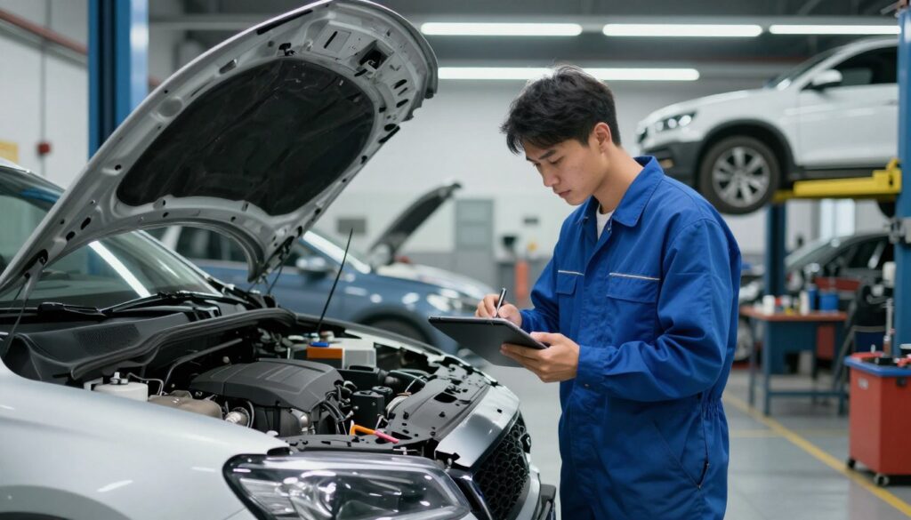 A professional damage assessment inspection scene in an auto repair shop. In the foreground, a technician in a blue coverall examines a damaged vehicle with a tablet in hand, analyzing the impact points and taking notes. The middle ground features a slightly opened car hood revealing the engine, with various tools and equipment scattered nearby. In the background, bright fluorescent lighting illuminates the shop, with a large vehicle lift and other cars being repaired. The mood is focused and professional, showcasing a clean and organized workspace. The perspective is slightly low to capture both the technician’s concentration and the car’s condition, providing an immersive view into the assessment process. The image is devoid of any text, ensuring clarity and professionalism. A professional damage assessment inspection scene in an auto repair shop. In the foreground, a technician in a blue coverall examines a damaged vehicle with a tablet in hand, analyzing the impact points and taking notes. The middle ground features a slightly opened car hood revealing the engine, with various tools and equipment scattered nearby. In the background, bright fluorescent lighting illuminates the shop, with a large vehicle lift and other cars being repaired. The mood is focused and professional, showcasing a clean and organized workspace. The perspective is slightly low to capture both the technician’s concentration and the car’s condition, providing an immersive view into the assessment process. The image is devoid of any text, ensuring clarity and professionalism.