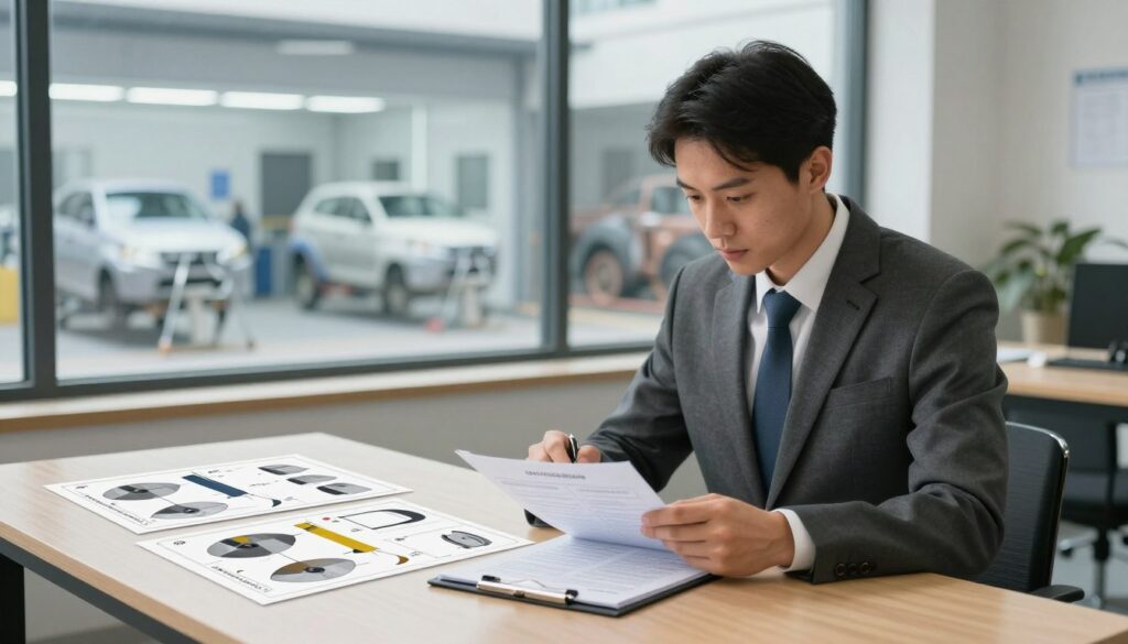 A professional setting showcasing a split-screen comparison of collision repair options. In the foreground, a well-dressed insurance agent, with short hair and wearing a tailored suit, is analyzing two options on a clipboard, focusing intently. The middle ground features a neatly organized table displaying diagrams and charts of different repair processes with labeled sections for cost, time, and quality. In the background, through a large window, two body shops are visible; one is a modern, well-lit facility with advanced tools, while the other is an older garage with traditional methods. Soft natural lighting filters through the window, creating a clear and informative atmosphere that suggests thoughtful decision-making. A professional setting showcasing a split-screen comparison of collision repair options. In the foreground, a well-dressed insurance agent, with short hair and wearing a tailored suit, is analyzing two options on a clipboard, focusing intently. The middle ground features a neatly organized table displaying diagrams and charts of different repair processes with labeled sections for cost, time, and quality. In the background, through a large window, two body shops are visible; one is a modern, well-lit facility with advanced tools, while the other is an older garage with traditional methods. Soft natural lighting filters through the window, creating a clear and informative atmosphere that suggests thoughtful decision-making.