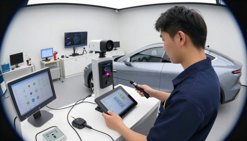 A professional technician calibrating Advanced Driver Assistance Systems (ADAS) on a modern car in a high-tech workshop. In the foreground, focus on the technician wearing a neat uniform, using calibrated equipment like laser tools and diagnostic tablets. The middle ground features a sleek, futuristic car, with sensors and cameras clearly visible. In the background, a well-organized workspace with tools and screens displaying data feeds, emphasizing the precision of the calibration process. The lighting is bright and even, highlighting the meticulous nature of the work. A fisheye lens effect subtly bends the edges, creating a dynamic feel. The atmosphere is focused and professional, showcasing the importance of safety in vehicle technology.
