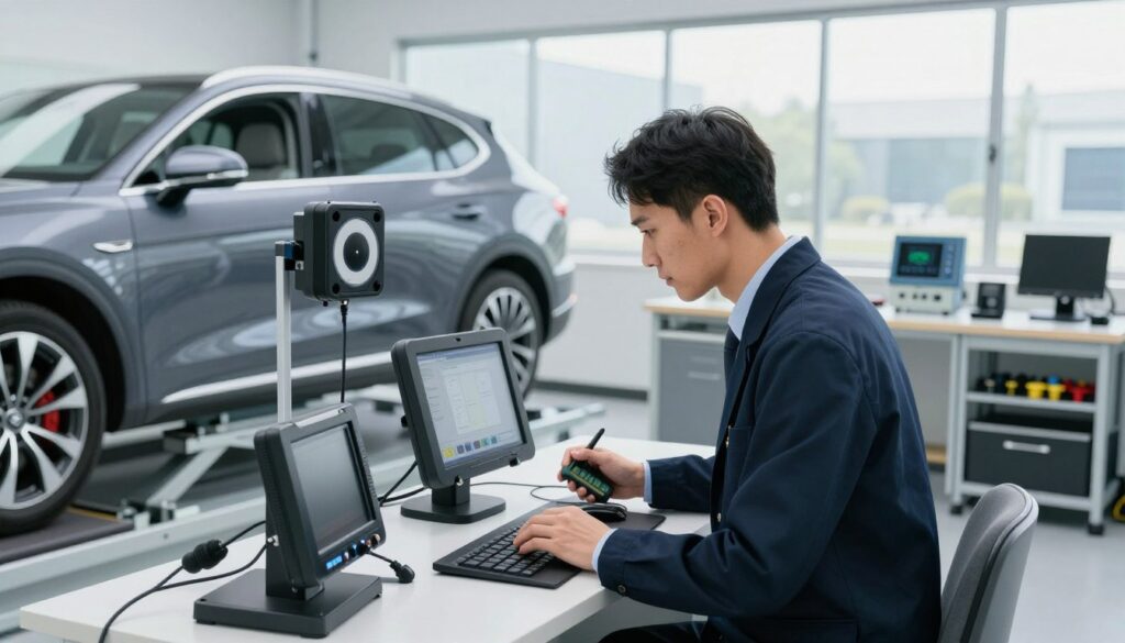 A professional technician in a well-lit automotive workshop, focused intently on calibrating sophisticated sensors of an Advanced Driver-Assistance System (ADAS) on a modern vehicle. The foreground features the technician, dressed in smart business attire, using a diagnostic tool while surrounded by an array of high-tech equipment. In the middle ground, a sleek automobile, showcasing its advanced sensor systems, is positioned on a lift with clear calibration targets highlighted. The background reveals organized workstations filled with calibration devices and tools, bathed in bright, natural light from large windows, creating a clean, professional atmosphere. The image captures a sense of precision, care, and the importance of accuracy in the calibration process for vehicle safety.
