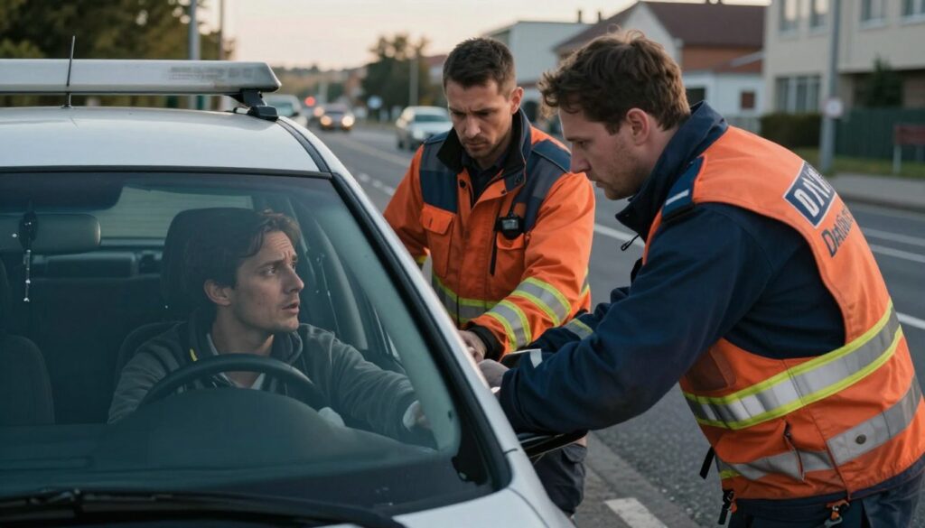A scene depicting a vehicle collision in an urban setting, focusing on the assessment of injuries. In the foreground, a paramedic in professional attire examines a driver seated in the front seat of a vehicle, showing concern as they check for injuries. The middle ground captures another emergency responder assisting a passenger who is standing outside the car, appearing anxious yet safe. The background features a street near Walzem Road, with faint outlines of other vehicles and nearby buildings. The lighting is natural, suggesting a late afternoon, casting soft shadows. The mood is serious yet calm, illustrating the importance of safety and immediate care in crisis situations. The angle is slightly elevated, capturing the urgency without overwhelming chaos.