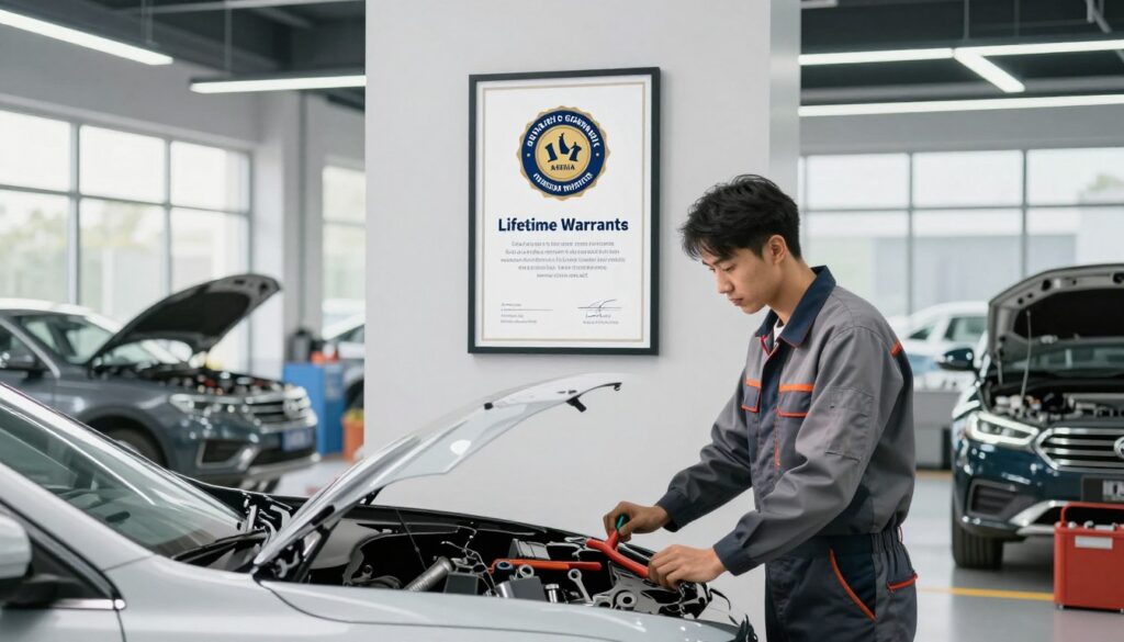 A sleek, modern body shop interior featuring a well-organized work area with a clean and polished finish. In the foreground, a professional-looking mechanic dressed in a modest work uniform examines a car hood, surrounded by various tools and repair equipment. In the middle ground, a prominent and visually appealing repair guarantee certificate is elegantly displayed on a wall, highlighting the benefits of lifetime warranties. The background showcases cars in different stages of repair, bathed in soft, natural lighting streaming from large windows, creating a welcoming atmosphere. The overall mood is one of trust and professionalism, accentuated by a sense of reliability and expertise in automotive repair. A sleek, modern body shop interior featuring a well-organized work area with a clean and polished finish. In the foreground, a professional-looking mechanic dressed in a modest work uniform examines a car hood, surrounded by various tools and repair equipment. In the middle ground, a prominent and visually appealing repair guarantee certificate is elegantly displayed on a wall, highlighting the benefits of lifetime warranties. The background showcases cars in different stages of repair, bathed in soft, natural lighting streaming from large windows, creating a welcoming atmosphere. The overall mood is one of trust and professionalism, accentuated by a sense of reliability and expertise in automotive repair.
