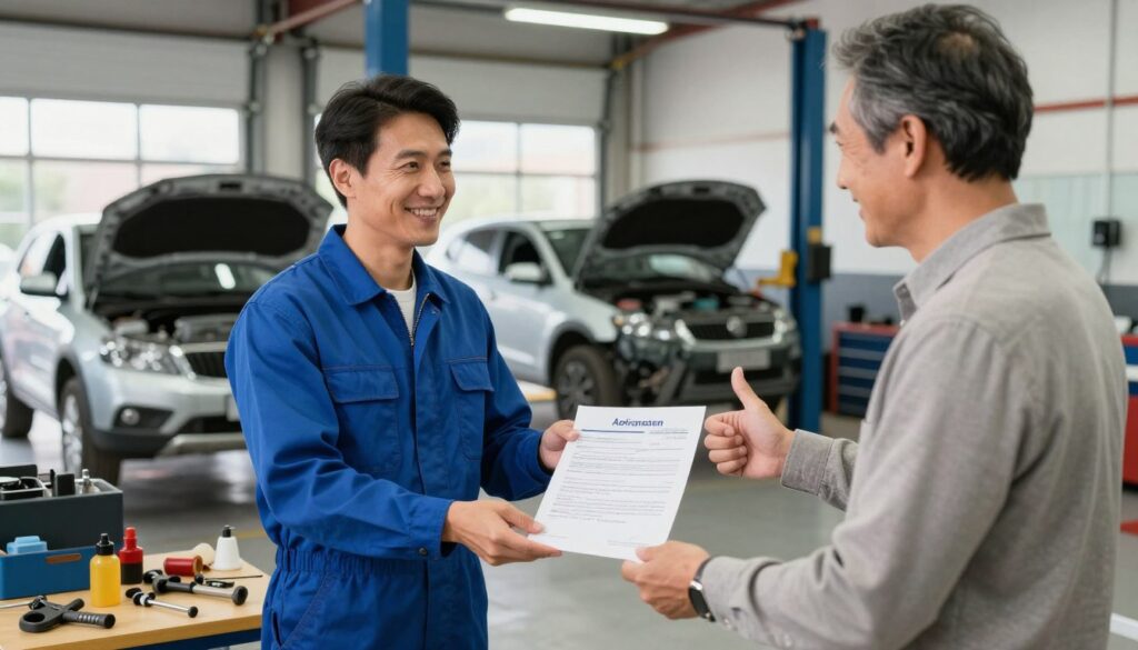 A vibrant auto repair shop interior, showcasing a clean and professional environment. In the foreground, a cheerful auto technician in a blue jumpsuit, smiling while presenting a customer satisfaction form to a satisfied customer wearing business casual attire. The customer, a middle-aged person with a friendly expression, is giving a thumbs-up. In the middle ground, various tools and repair equipment are neatly organized on a workbench, while two vehicles in the background are being repaired, illustrating the collision repair process. Soft, natural light filters in through the garage windows, creating a warm and welcoming atmosphere. The scene conveys a sense of trust and satisfaction in service, highlighting customer feedback and engagement in a positive auto repair setting.