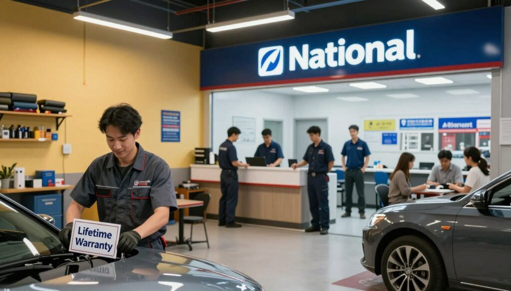 A vibrant comparison scene depicting a local body shop and a national chain. In the foreground, the local shop features a cozy workshop with a welcoming atmosphere, showcasing a friendly mechanic in professional attire, working on a car with a visible "Lifetime Warranty" sign displayed. In contrast, the national chain appears modern and sterile, with a sleek facade and uniformed employees in the middle ground, focused on customers at a reception area. The background includes a cityscape illustrating local community elements, such as small businesses and families. The lighting is warm and inviting at the local shop, contrasting with cool, clinical lighting at the national chain. The mood reflects trust and personal service versus a corporate environment, emphasizing the value of choosing local. A vibrant comparison scene depicting a local body shop and a national chain. In the foreground, the local shop features a cozy workshop with a welcoming atmosphere, showcasing a friendly mechanic in professional attire, working on a car with a visible "Lifetime Warranty" sign displayed. In contrast, the national chain appears modern and sterile, with a sleek facade and uniformed employees in the middle ground, focused on customers at a reception area. The background includes a cityscape illustrating local community elements, such as small businesses and families. The lighting is warm and inviting at the local shop, contrasting with cool, clinical lighting at the national chain. The mood reflects trust and personal service versus a corporate environment, emphasizing the value of choosing local.