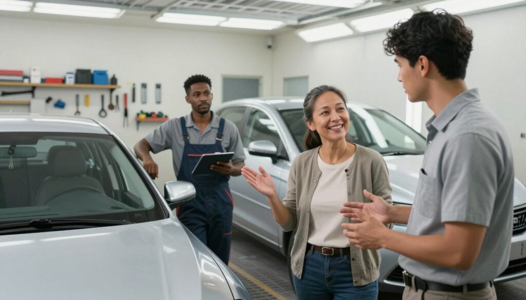A warm, inviting scene inside an auto body shop featuring a diverse group of satisfied clients sharing their experiences. In the foreground, a smiling middle-aged woman in modest casual clothing gestures enthusiastically as she shares her story with a young man in a professional shirt, both standing beside a shiny repaired car. In the middle ground, a mechanic in work attire proudly leans against a freshly painted vehicle, showcasing craftsmanship. The background depicts a well-organized workshop with tools and equipment neatly arranged, under bright, soft overhead lighting that highlights the atmosphere of professionalism and care. The overall mood is positive and encouraging, reflecting genuine client satisfaction and trust in the auto body shop's services. A warm, inviting scene inside an auto body shop featuring a diverse group of satisfied clients sharing their experiences. In the foreground, a smiling middle-aged woman in modest casual clothing gestures enthusiastically as she shares her story with a young man in a professional shirt, both standing beside a shiny repaired car. In the middle ground, a mechanic in work attire proudly leans against a freshly painted vehicle, showcasing craftsmanship. The background depicts a well-organized workshop with tools and equipment neatly arranged, under bright, soft overhead lighting that highlights the atmosphere of professionalism and care. The overall mood is positive and encouraging, reflecting genuine client satisfaction and trust in the auto body shop's services.