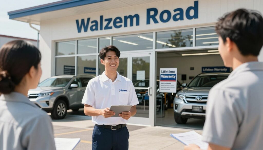 A welcoming auto body shop setting on Walzem Road, with a bright, professionally designed exterior featuring large glass windows. In the foreground, a friendly, professional-looking staff member in a crisp polo shirt greets a customer at the entrance, conveying a sense of customer support and care. The middle ground showcases well-maintained vehicles in the shop, some undergoing repairs, while others showcase "Lifetime Warranty" signs prominently displayed. The background captures a sunny day with clear skies, enhancing the inviting atmosphere. Use soft, natural lighting to create a friendly vibe, maintaining a focus on trust and professionalism, with a slight depth-of-field effect to emphasize the foreground and middle details. A welcoming auto body shop setting on Walzem Road, with a bright, professionally designed exterior featuring large glass windows. In the foreground, a friendly, professional-looking staff member in a crisp polo shirt greets a customer at the entrance, conveying a sense of customer support and care. The middle ground showcases well-maintained vehicles in the shop, some undergoing repairs, while others showcase "Lifetime Warranty" signs prominently displayed. The background captures a sunny day with clear skies, enhancing the inviting atmosphere. Use soft, natural lighting to create a friendly vibe, maintaining a focus on trust and professionalism, with a slight depth-of-field effect to emphasize the foreground and middle details.