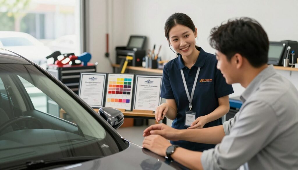 A welcoming car paint shop interior, featuring a helpful customer service representative in professional attire, assisting a satisfied customer examining their freshly painted vehicle. In the foreground, the customer admires the impeccable shine of the car paint, conveying a sense of joy and satisfaction. In the middle ground, vibrant paint samples and warranty certificates are neatly displayed, symbolizing the commitment to quality and lifetime warranty. The background shows tools and equipment of the trade, well-organized and clean, with warm and inviting lighting that enhances the mood of trust and professionalism. A blurred window lets in natural light, creating an atmosphere of openness and dedication to customer care. The angle is slightly elevated, capturing the interaction and the environment harmoniously. A welcoming car paint shop interior, featuring a helpful customer service representative in professional attire, assisting a satisfied customer examining their freshly painted vehicle. In the foreground, the customer admires the impeccable shine of the car paint, conveying a sense of joy and satisfaction. In the middle ground, vibrant paint samples and warranty certificates are neatly displayed, symbolizing the commitment to quality and lifetime warranty. The background shows tools and equipment of the trade, well-organized and clean, with warm and inviting lighting that enhances the mood of trust and professionalism. A blurred window lets in natural light, creating an atmosphere of openness and dedication to customer care. The angle is slightly elevated, capturing the interaction and the environment harmoniously.