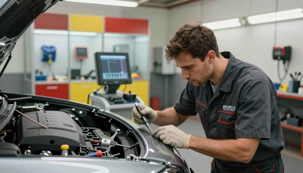 A well-lit auto body repair shop interior with focus on high-quality standards in automotive repair. In the foreground, a skilled technician, dressed in standard professional work attire, carefully inspects a car bumper using precision tools. The technician's focused expression conveys expertise and dedication. In the middle ground, various body repair tools and high-tech equipment are neatly organized, emphasizing the meticulous nature of the work. In the background, the shop showcases state-of-the-art painting booths with vibrant colors and protective equipment. Soft lighting creates a warm, inviting atmosphere, while sharp details emphasize cleanliness and professionalism. Capture the mood of reliability and craftsmanship in the auto repair industry, highlighting the commitment to excellence at Miracle Body and Paint.
