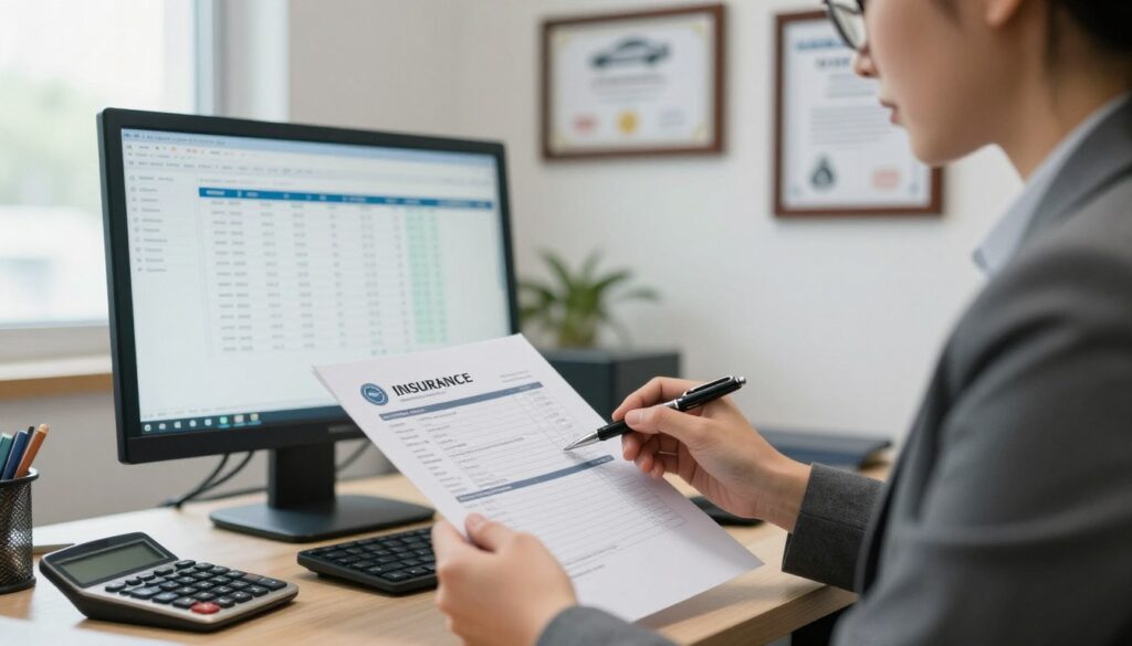 A well-lit office setting focused on insurance coordination and detailed estimates for collision repair. In the foreground, a professional insurance agent dressed in business attire is examining a detailed estimate document, highlighting specific points with a pen. In the middle ground, a computer displays a digital estimate interface filled with technical data, while a calculator rests nearby. The background features a wall adorned with framed automotive repair certificates, giving a sense of credibility and professionalism. Soft, natural lighting from a nearby window creates a welcoming atmosphere, while the overall mood conveys diligence and attention to detail in the collision repair process. The angle captures the dynamic interaction between the agent and the estimate, emphasizing the cooperative aspect of insurance work. A well-lit office setting focused on insurance coordination and detailed estimates for collision repair. In the foreground, a professional insurance agent dressed in business attire is examining a detailed estimate document, highlighting specific points with a pen. In the middle ground, a computer displays a digital estimate interface filled with technical data, while a calculator rests nearby. The background features a wall adorned with framed automotive repair certificates, giving a sense of credibility and professionalism. Soft, natural lighting from a nearby window creates a welcoming atmosphere, while the overall mood conveys diligence and attention to detail in the collision repair process. The angle captures the dynamic interaction between the agent and the estimate, emphasizing the cooperative aspect of insurance work.