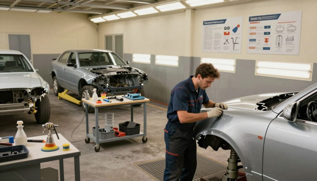 An indoor auto body shop scene showcasing comprehensive repair services. In the foreground, a skilled mechanic in professional attire examines a car's bodywork, inspecting dents and scratches under bright overhead lighting. In the middle, various workstations are visible, with tools like spray guns, sanders, and a vehicle lift in operation, emphasizing a busy environment. The background features painted walls with informative charts about car repairs and safety standards, and a few cars in various stages of repair. Utilize a warm color palette to create an inviting mood, with soft shadows adding depth. The angle should provide a slightly elevated view, capturing the full scope of services offered in the shop. Highlight the professionalism and efficiency of the setting.