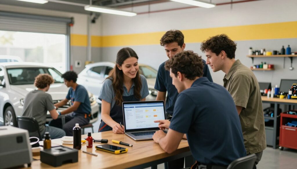 An inviting scene of a local auto body shop, showcasing a friendly and professional atmosphere. In the foreground, a diverse group of people—two men and a woman, all in casual professional attire—are gathered around a laptop, discussing reviews and ratings displayed on the screen. They are engaged and appear to be making informed decisions. In the middle ground, well-maintained vehicles are visible, and tools are neatly arranged, emphasizing the shop's attention to detail. The background features a bright, welcoming shop interior with vibrant lighting, highlighting the cleanliness and professionalism of the space. The mood is collaborative and optimistic, suggesting a community-focused approach to service. A wide-angle lens captures the entire scene, adding warmth and accessibility to the environment. An inviting scene of a local auto body shop, showcasing a friendly and professional atmosphere. In the foreground, a diverse group of people—two men and a woman, all in casual professional attire—are gathered around a laptop, discussing reviews and ratings displayed on the screen. They are engaged and appear to be making informed decisions. In the middle ground, well-maintained vehicles are visible, and tools are neatly arranged, emphasizing the shop's attention to detail. The background features a bright, welcoming shop interior with vibrant lighting, highlighting the cleanliness and professionalism of the space. The mood is collaborative and optimistic, suggesting a community-focused approach to service. A wide-angle lens captures the entire scene, adding warmth and accessibility to the environment.