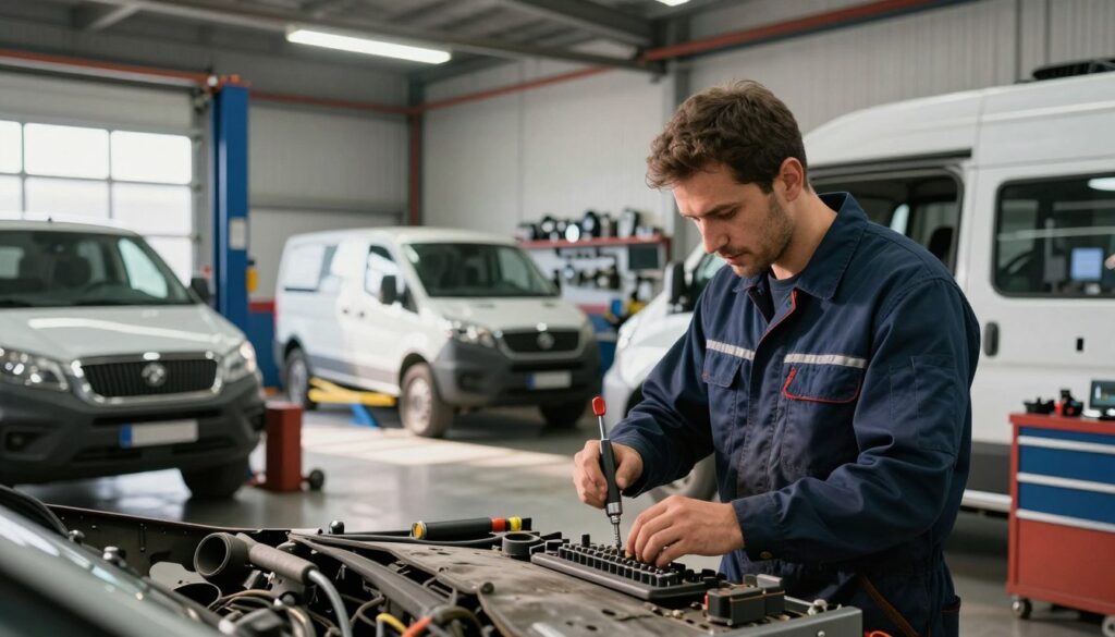 A bustling fleet vehicle repair shop in action. In the foreground, a professional mechanic in a clean, navy blue coverall is inspecting a damaged van, utilizing specialized tools and focused determination. The mechanic's face is illuminated by overhead fluorescent lights, showcasing attention to detail. In the middle ground, other vehicles are being serviced; one with a partially removed bumper and another on a hydraulic lift, with auto parts neatly organized in the background. The shop is spacious and well-equipped, with tool racks and diagnostic equipment lining the walls. Natural light filters in through large garage doors, casting soft shadows and creating a dynamic atmosphere of productivity and professionalism, emphasizing the advantages of expert repair services for fleet vehicles.