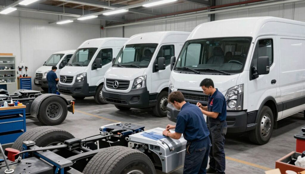 A busy auto body shop specializing in commercial vehicle collision repair. In the foreground, skilled technicians in professional attire meticulously sanding a large work truck, showing the detailed process of restoring the paint. The middle ground features a variety of commercial vehicles, from delivery vans to heavy-duty trucks, each in different stages of repair, showcasing the importance of quality finishes. Bright overhead lighting creates a clean, industrial atmosphere, highlighting the sheen of fresh paint on the vehicles. In the background, various tools and equipment are neatly organized, adding to the workshop's professionalism. The overall mood is one of diligence and pride in craftsmanship, emphasizing the care and attention required to keep commercial vehicles looking their best. A busy auto body shop specializing in commercial vehicle collision repair. In the foreground, skilled technicians in professional attire meticulously sanding a large work truck, showing the detailed process of restoring the paint. The middle ground features a variety of commercial vehicles, from delivery vans to heavy-duty trucks, each in different stages of repair, showcasing the importance of quality finishes. Bright overhead lighting creates a clean, industrial atmosphere, highlighting the sheen of fresh paint on the vehicles. In the background, various tools and equipment are neatly organized, adding to the workshop's professionalism. The overall mood is one of diligence and pride in craftsmanship, emphasizing the care and attention required to keep commercial vehicles looking their best.