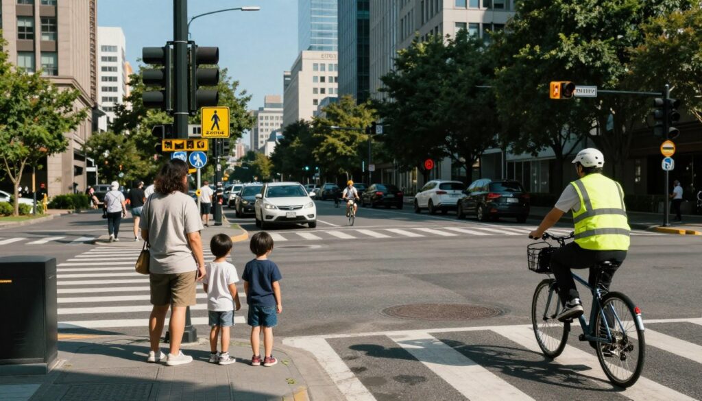 A busy urban street scene emphasizing road safety, showcasing a crosswalk with a pedestrian family and a cyclist. In the foreground, a parent and child in modest casual clothing are waiting at the pedestrian light, while a cyclist in a reflective vest approaches from the right. The middle ground captures vehicles stopping at the stoplight, with bright traffic signs clearly visible, promoting safety awareness. In the background, skyscrapers and trees line the road, with a clear blue sky above to create an inviting atmosphere. Soft, natural lighting emphasizes the midday sun casting gentle shadows, enhancing the sense of community and vigilance. The image conveys a mood of awareness and caution, vital for ensuring safety in urban environments. A busy urban street scene emphasizing road safety, showcasing a crosswalk with a pedestrian family and a cyclist. In the foreground, a parent and child in modest casual clothing are waiting at the pedestrian light, while a cyclist in a reflective vest approaches from the right. The middle ground captures vehicles stopping at the stoplight, with bright traffic signs clearly visible, promoting safety awareness. In the background, skyscrapers and trees line the road, with a clear blue sky above to create an inviting atmosphere. Soft, natural lighting emphasizes the midday sun casting gentle shadows, enhancing the sense of community and vigilance. The image conveys a mood of awareness and caution, vital for ensuring safety in urban environments.