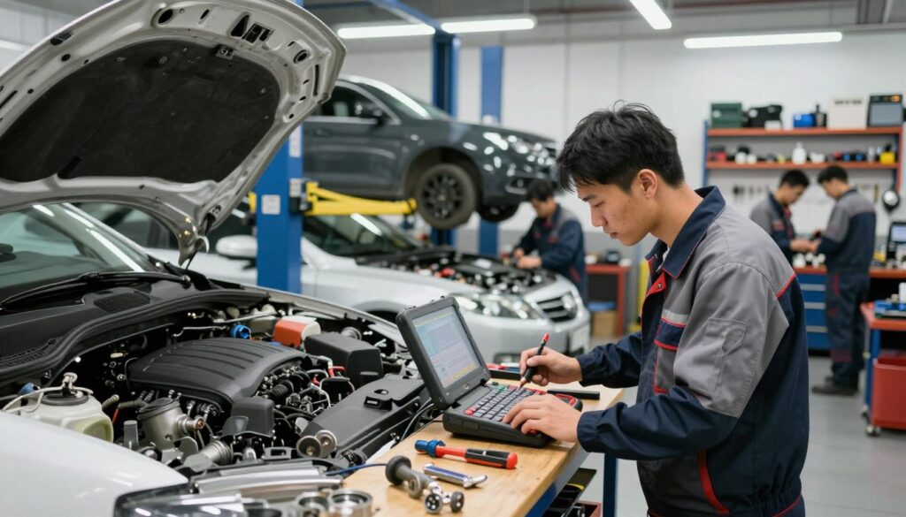 A busy vehicle repair shop interior, showcasing a well-lit space with a mechanic in professional workwear, focused on inspecting a car engine. In the foreground, the mechanic is using diagnostic tools, with an array of parts and tools neatly organized on a workbench nearby. The middle ground features several cars under repair, with a hydraulic lift elevating one vehicle, and additional mechanics collaborating on various tasks. The background reveals shelves filled with tools and equipment, illuminated by bright overhead lights, creating a clean, industrious atmosphere. The overall mood is one of professionalism and diligence, emphasizing the intricate and meticulous nature of the vehicle repair process. A busy vehicle repair shop interior, showcasing a well-lit space with a mechanic in professional workwear, focused on inspecting a car engine. In the foreground, the mechanic is using diagnostic tools, with an array of parts and tools neatly organized on a workbench nearby. The middle ground features several cars under repair, with a hydraulic lift elevating one vehicle, and additional mechanics collaborating on various tasks. The background reveals shelves filled with tools and equipment, illuminated by bright overhead lights, creating a clean, industrious atmosphere. The overall mood is one of professionalism and diligence, emphasizing the intricate and meticulous nature of the vehicle repair process.