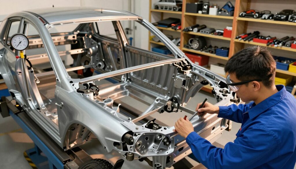 A car frame repair scene in a well-lit automotive workshop. In the foreground, a technician in a blue work shirt and safety goggles inspects a car chassis mounted on a frame alignment machine, using precise tools. The middle layer features a large, detailed frame alignment system with measurement tools and gauges, casting soft shadows. In the background, shelves neatly organized with various car parts and tools enhance the industrial feel. The lighting is bright, illuminating the workspace while creating a warm and focused atmosphere. The angle captures the workspace from a slight above perspective, creating a sense of depth and emphasizing the technician’s concentration on the frame alignment process. A car frame repair scene in a well-lit automotive workshop. In the foreground, a technician in a blue work shirt and safety goggles inspects a car chassis mounted on a frame alignment machine, using precise tools. The middle layer features a large, detailed frame alignment system with measurement tools and gauges, casting soft shadows. In the background, shelves neatly organized with various car parts and tools enhance the industrial feel. The lighting is bright, illuminating the workspace while creating a warm and focused atmosphere. The angle captures the workspace from a slight above perspective, creating a sense of depth and emphasizing the technician’s concentration on the frame alignment process.