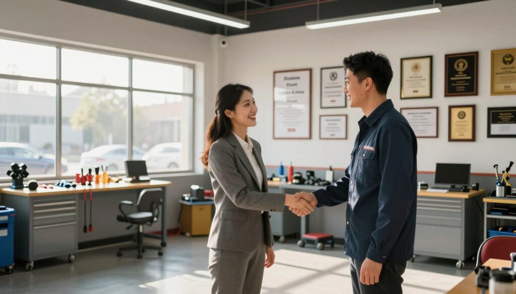 A clean, modern auto collision repair shop interior, showcasing a positive customer experience. In the foreground, a satisfied customer in professional attire is shaking hands with a shop manager, both displaying genuine smiles. The middle ground features a state-of-the-art repair station with tools neatly arranged, and a well-organized workspace reflecting professionalism. In the background, large windows let in warm sunlight, illuminating a wall adorned with framed awards and positive customer testimonials, emphasizing the shop’s stellar reputation. The atmosphere is bright and inviting, with soft shadows creating depth. Use a wide-angle lens to capture the entire scene, ensuring attention is drawn to the interaction and the shop's quality environment.
