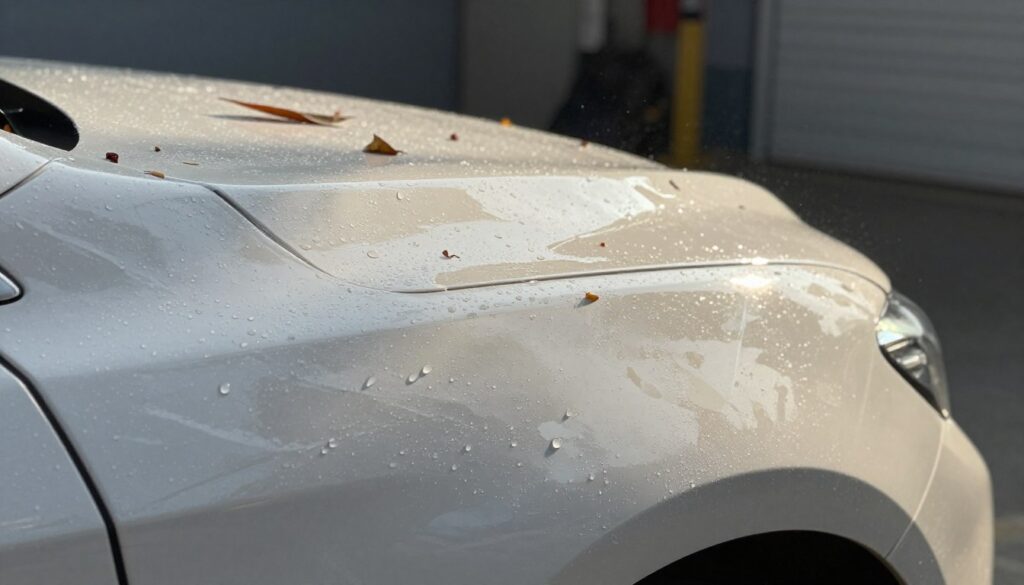A close-up view of a freshly painted vehicle, showcasing a section of the car's surface affected by various environmental hazards after collision repairs. In the foreground, raindrops and droplets of bird droppings impact the glossy paint, reflecting the sun’s rays, which create a shimmering effect. The middle ground includes a depiction of fallen tree leaves and dust particles, subtly highlighting the natural elements that can harm paint. The background features a slightly blurred garage setting, illustrating a safe space for the vehicle. The lighting is bright and natural, capturing the warmth of the sun while casting soft shadows. The mood is tense yet informative, emphasizing the importance of environmental awareness for vehicle care. A close-up view of a freshly painted vehicle, showcasing a section of the car's surface affected by various environmental hazards after collision repairs. In the foreground, raindrops and droplets of bird droppings impact the glossy paint, reflecting the sun’s rays, which create a shimmering effect. The middle ground includes a depiction of fallen tree leaves and dust particles, subtly highlighting the natural elements that can harm paint. The background features a slightly blurred garage setting, illustrating a safe space for the vehicle. The lighting is bright and natural, capturing the warmth of the sun while casting soft shadows. The mood is tense yet informative, emphasizing the importance of environmental awareness for vehicle care.