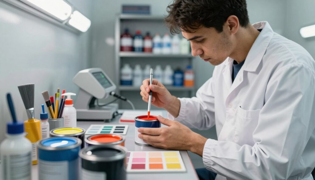 A close-up view of a professional automotive refinishing workshop, highlighting a skilled technician in a crisp, professional uniform carefully mixing paint colors to achieve the perfect match for a car's exterior. In the foreground, a variety of paint cans and mixing tools are displayed, showcasing different color swatches. In the middle ground, the technician engages in precise color matching, using specialized equipment under bright, focused overhead lighting that emphasizes the vivid hues. The background reveals shelves stocked with automotive refinishing supplies, creating an organized yet busy atmosphere. The overall mood is one of concentration and expertise, capturing the scientific approach to automotive paint matching in an inviting and dynamic work environment. A close-up view of a professional automotive refinishing workshop, highlighting a skilled technician in a crisp, professional uniform carefully mixing paint colors to achieve the perfect match for a car's exterior. In the foreground, a variety of paint cans and mixing tools are displayed, showcasing different color swatches. In the middle ground, the technician engages in precise color matching, using specialized equipment under bright, focused overhead lighting that emphasizes the vivid hues. The background reveals shelves stocked with automotive refinishing supplies, creating an organized yet busy atmosphere. The overall mood is one of concentration and expertise, capturing the scientific approach to automotive paint matching in an inviting and dynamic work environment.