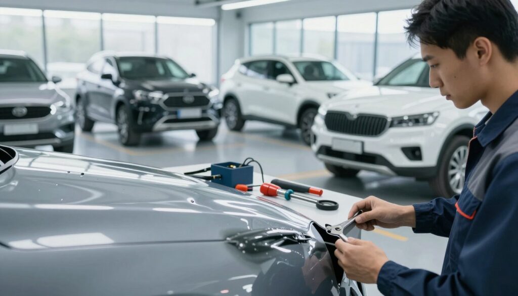 A close-up view of a state-of-the-art auto repair shop specialized in hail damage repair. In the foreground, a technician wearing professional work attire examines a vehicle with hail dent repairs in progress. The middle layer features various tools and equipment used for vehicle restoration, meticulously arranged on a clean workbench. In the background, several vehicles are in the repair process, each showing signs of previous hail damage, illuminated by bright, natural lighting streaming through large windows. The atmosphere is focused and efficient, conveying a sense of professionalism and expertise. The color palette is clean and contemporary, enhancing the feeling of a high-quality service environment. The composition should evoke trust and care in vehicle protection and restoration. A close-up view of a state-of-the-art auto repair shop specialized in hail damage repair. In the foreground, a technician wearing professional work attire examines a vehicle with hail dent repairs in progress. The middle layer features various tools and equipment used for vehicle restoration, meticulously arranged on a clean workbench. In the background, several vehicles are in the repair process, each showing signs of previous hail damage, illuminated by bright, natural lighting streaming through large windows. The atmosphere is focused and efficient, conveying a sense of professionalism and expertise. The color palette is clean and contemporary, enhancing the feeling of a high-quality service environment. The composition should evoke trust and care in vehicle protection and restoration.