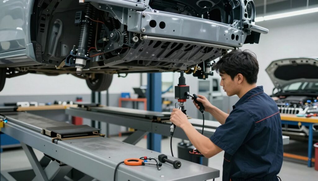 A detailed automotive workshop scene, focusing on a technician in professional attire inspecting a vehicle on a frame straightening machine. In the foreground, the technician examines the vehicle's chassis, utilizing advanced tools and equipment. The middle ground features a clearly defined frame straightening apparatus, showcasing its intricate mechanisms and hydraulic systems. The background reveals other vehicles undergoing repairs, with tools neatly organized on a workbench bathed in soft, natural lighting coming from overhead fluorescent tubes. The atmosphere is industrious yet calm, emphasizing precision and technology in vehicle repair. The angle captures the technician's concentration and the complexity of the equipment, promoting a sense of professionalism and modernity in frame straightening technology. A detailed automotive workshop scene, focusing on a technician in professional attire inspecting a vehicle on a frame straightening machine. In the foreground, the technician examines the vehicle's chassis, utilizing advanced tools and equipment. The middle ground features a clearly defined frame straightening apparatus, showcasing its intricate mechanisms and hydraulic systems. The background reveals other vehicles undergoing repairs, with tools neatly organized on a workbench bathed in soft, natural lighting coming from overhead fluorescent tubes. The atmosphere is industrious yet calm, emphasizing precision and technology in vehicle repair. The angle captures the technician's concentration and the complexity of the equipment, promoting a sense of professionalism and modernity in frame straightening technology.