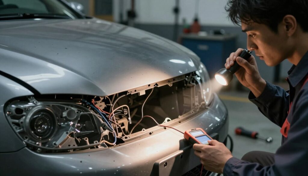 A detailed close-up of a car's damaged front end, showcasing hidden damage beneath the surface such as cracked metal, broken wiring, and misaligned parts. In the foreground, a mechanic in professional attire examines the car with a flashlight, highlighting the damaged areas with a focused, warm beam of light. In the middle ground, tools are scattered around, including a wrench and a diagnostic scanner. The background features a dimly lit garage with shadows creating an atmosphere of suspense and discovery. The overall mood is tense yet professional, emphasizing the uncovering of unseen repairs needed. Use soft lighting for a dramatic effect and a slight depth of field to keep the focus on the hidden damage details. A detailed close-up of a car's damaged front end, showcasing hidden damage beneath the surface such as cracked metal, broken wiring, and misaligned parts. In the foreground, a mechanic in professional attire examines the car with a flashlight, highlighting the damaged areas with a focused, warm beam of light. In the middle ground, tools are scattered around, including a wrench and a diagnostic scanner. The background features a dimly lit garage with shadows creating an atmosphere of suspense and discovery. The overall mood is tense yet professional, emphasizing the uncovering of unseen repairs needed. Use soft lighting for a dramatic effect and a slight depth of field to keep the focus on the hidden damage details.